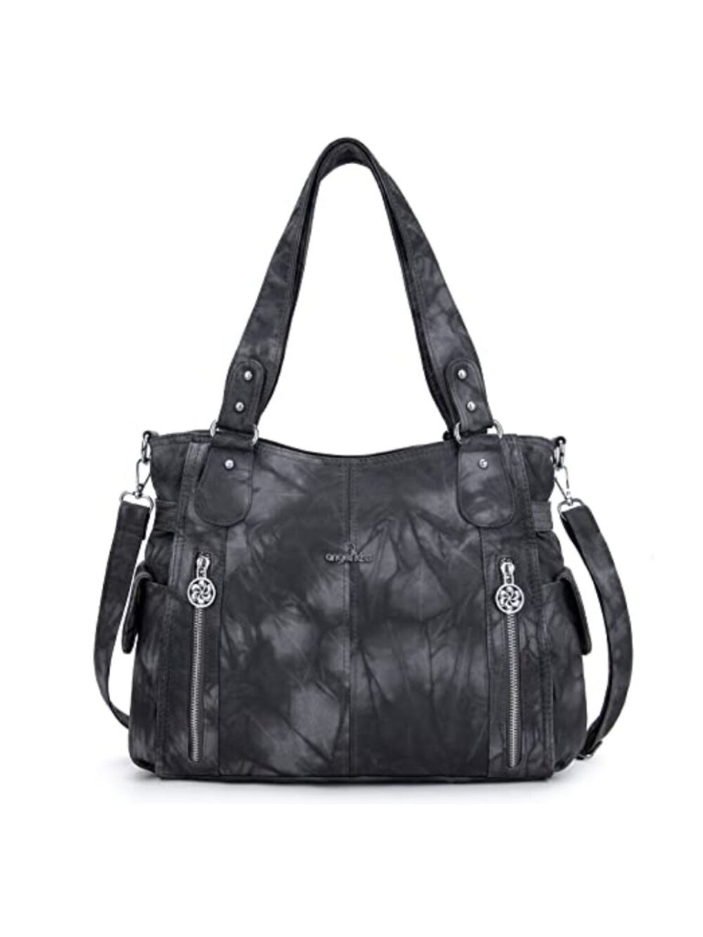 Washed Leather Shoulder Bag Hobo Multi Pocket Double Zip Adjustable Strap Large